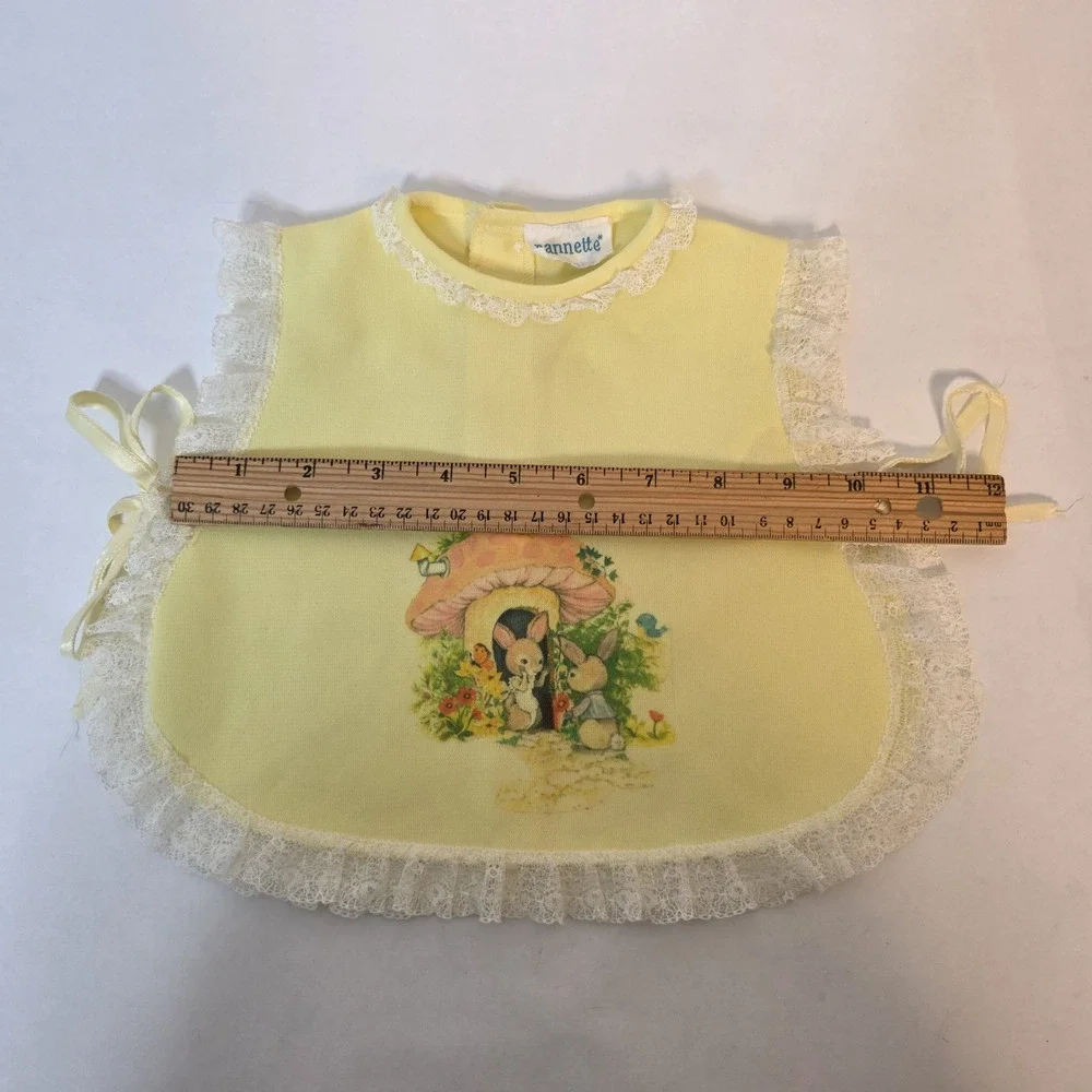 Vintage Nannette Baby Girl Bib Smock Bloomers Yellow Rabbit Mushroom Graphic 2pc